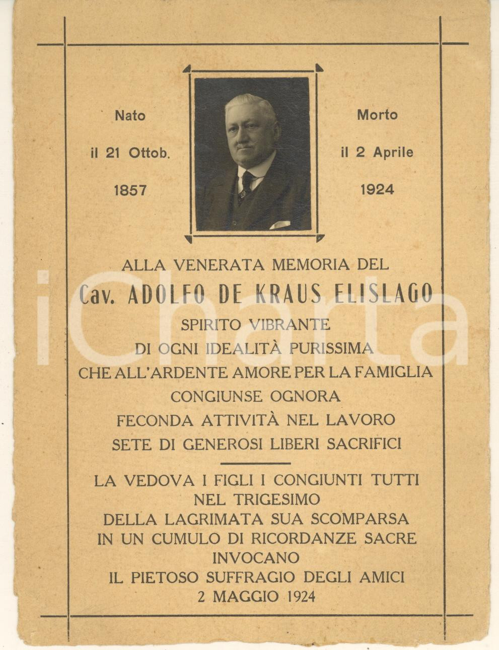 Documento originale, autentico 1924 Adolf KRAUS ELISLAGO  Cartoncino lutto  trigesimo con vera foto 1
