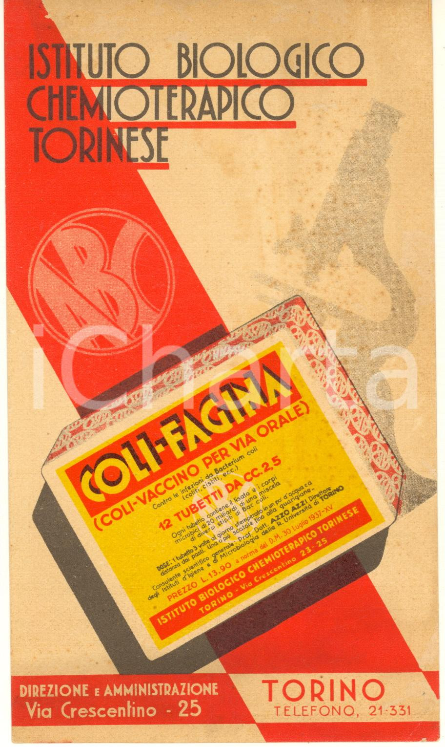 Materiale pubblicitario d’epoca 1938 TORINO Istituto Biologico Chemioterapico  COLIFAGINA Cartoncino 1