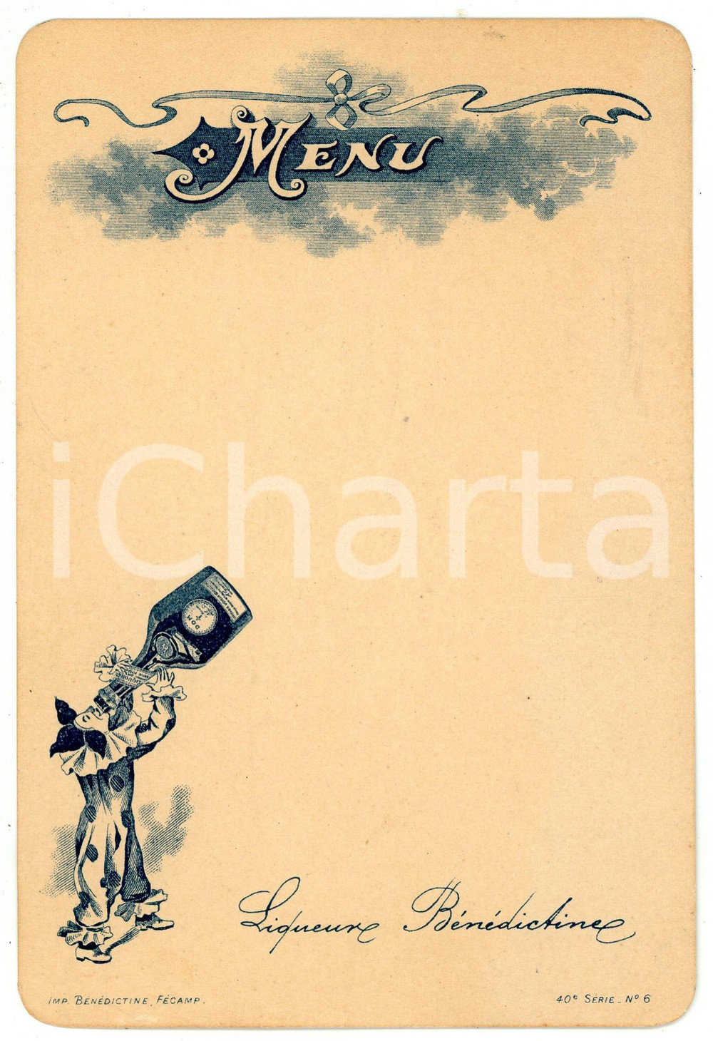 Oggetto da collezione cartaceo 1930 ca LIQUEUR BÉNÉDICTIN Menu with drunken clown  10x16 cm 1