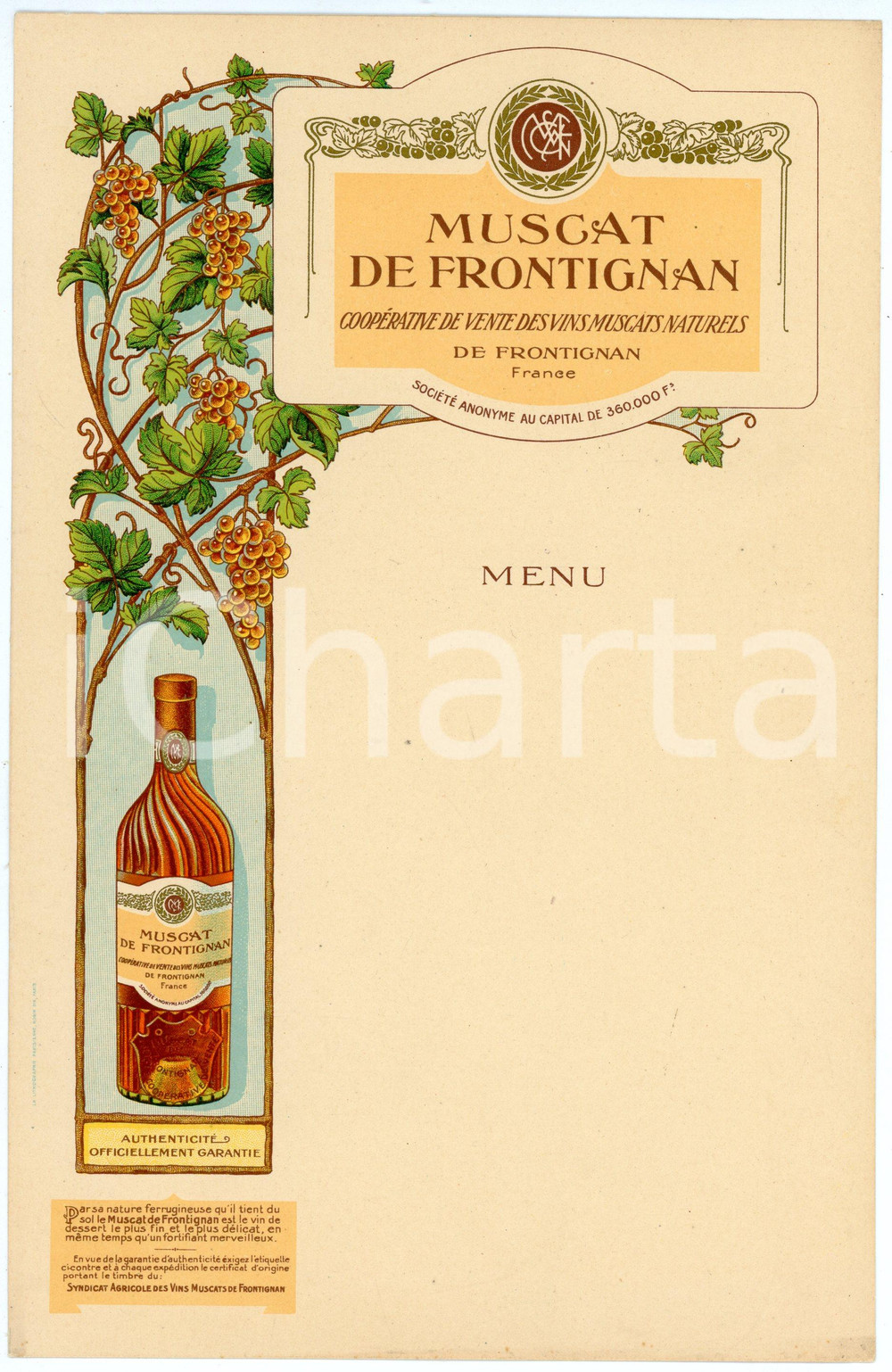Oggetto da collezione cartaceo 1930 ca FRANCE Muscat de FRONTIGNAN Menu  15x24 cm 1