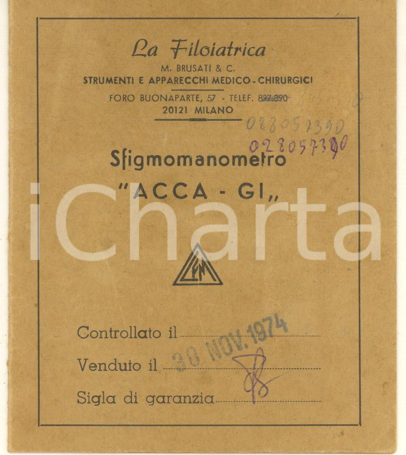 Oggetto da collezione cartaceo 1974 MILANO  LA FILOIATRICA  Sfingomanometro ACCAGI  Biglietto garanzia 1
