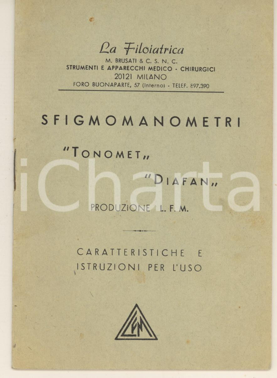 Oggetto da collezione cartaceo 1975 MILANO LA FILOIATRICA SfingomanometrI TONOMET  DIAFAN Libretto istruzioni 1