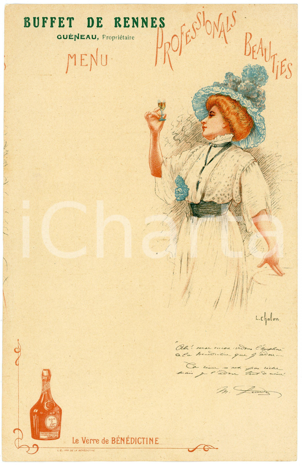 Oggetto da collezione cartaceo 1920 ca BUFFET DE RENNES Verre de Bénédictine  Ill. L. CHALON Menu 1