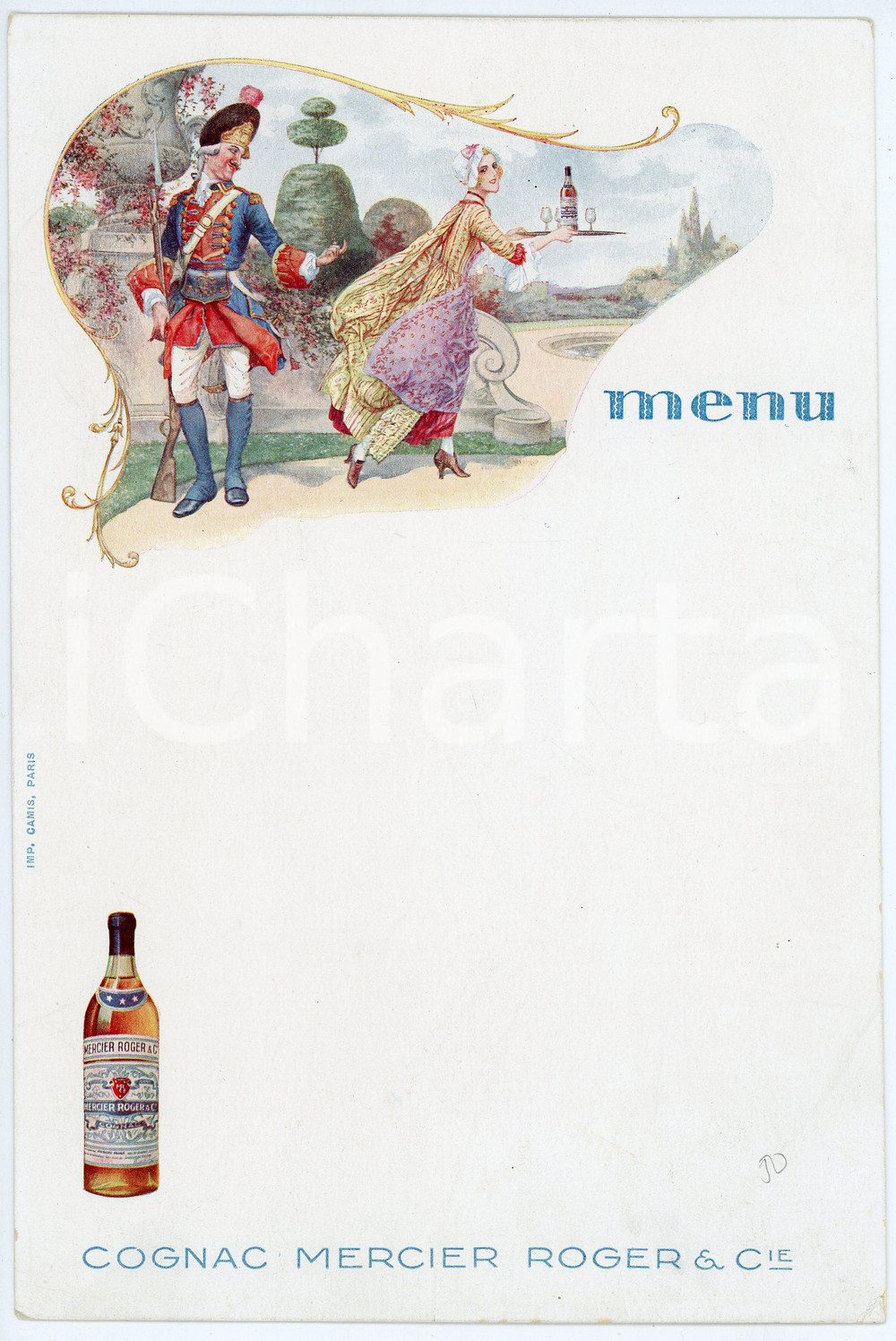 Oggetto da collezione cartaceo 1920 ca COGNAC MERCIER ROGER Menu illustrato 16x24 cm 1