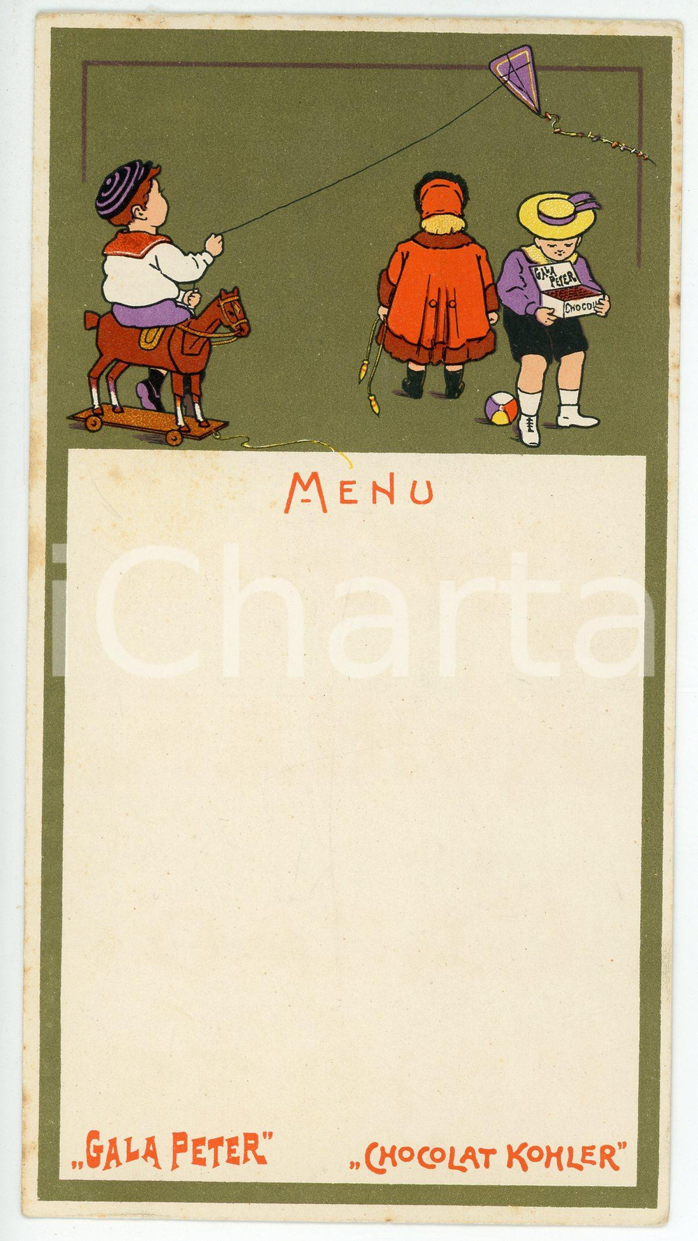 Oggetto da collezione cartaceo 1920 ca GALA PETER Chocolat KOHLER Giochi di bimbi  Menu illustrato 9x17 cm 1