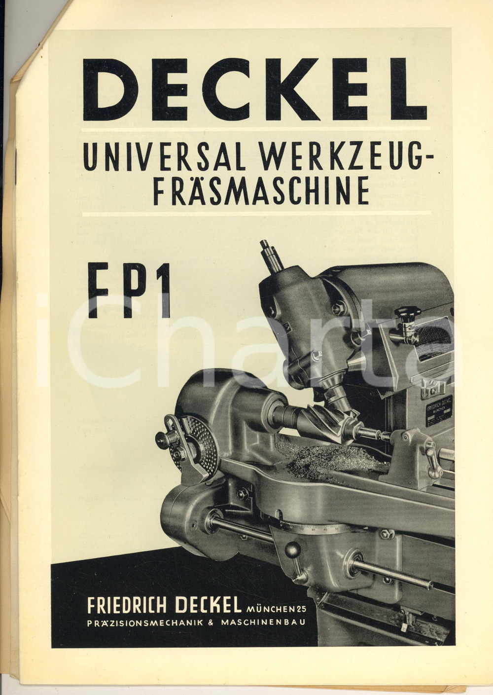 Documento originale, autentico 1951 Fresatrice universale DECKEL FP1  Pieghevole e lettera FRATELLI GIANINI 1
