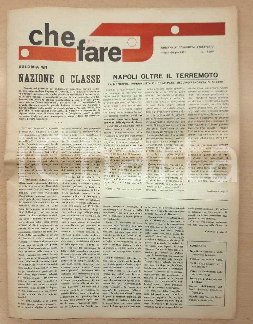Giornale, rivista storica 1981 CHE FARE Napoli oltre il terremoto  Crisi in Polonia Giornale Comunista 1