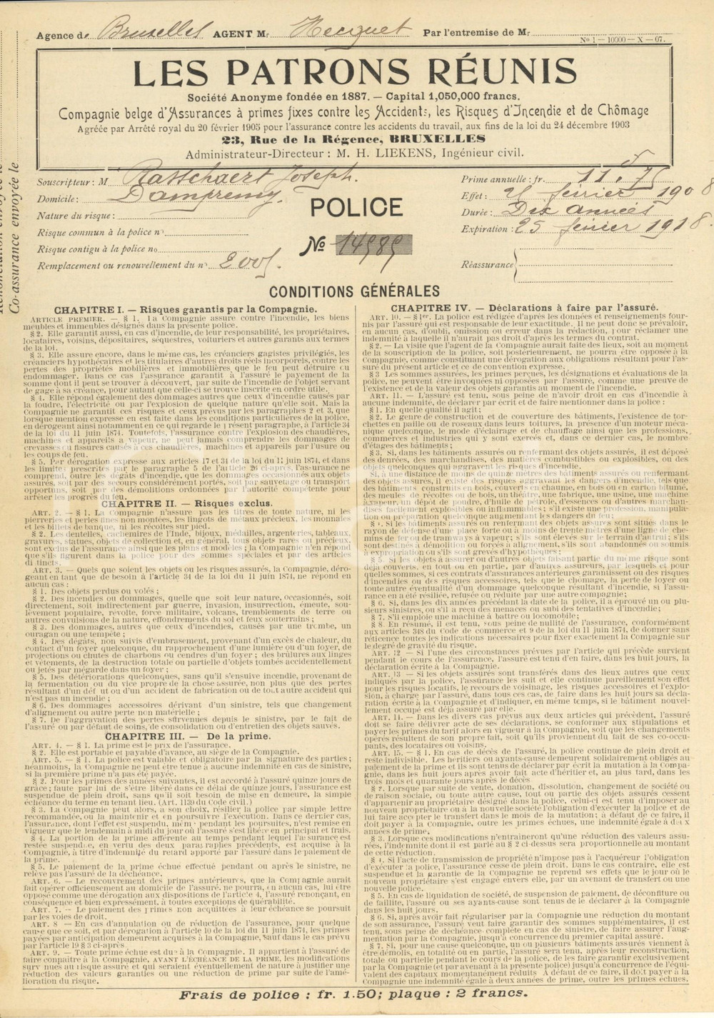 Documento originale, autentico 1908 DAMPREMY BELGIQUE Les Patrons Réunis  Polizza per danni incendio 1