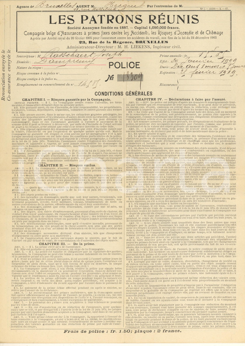 Documento originale, autentico 1909 DAMPREMY BELGIQUE Les Patrons Réunis  Polizza per danni incendio 1
