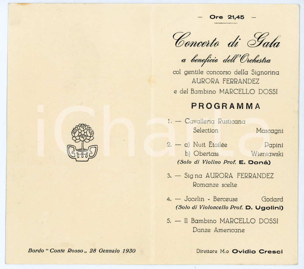 Oggetto da collezione cartaceo 1930 Transatlantico CONTE ROSSO Programma concerto di gala 8x15 cm 1