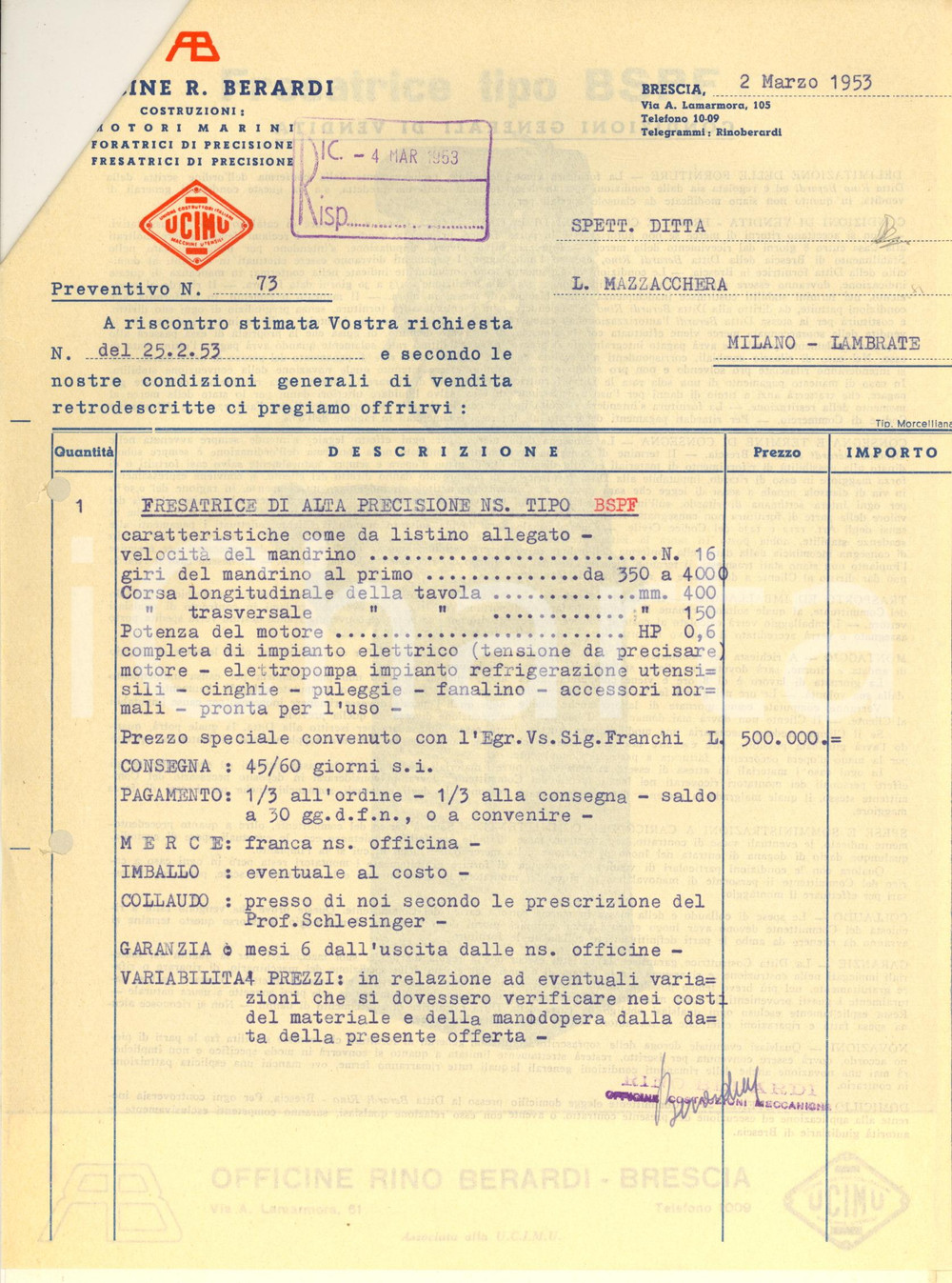 Materiale pubblicitario d’epoca 1953 BRESCIA Officine Rino BERNARDI  Preventivo con schede illustrate 1