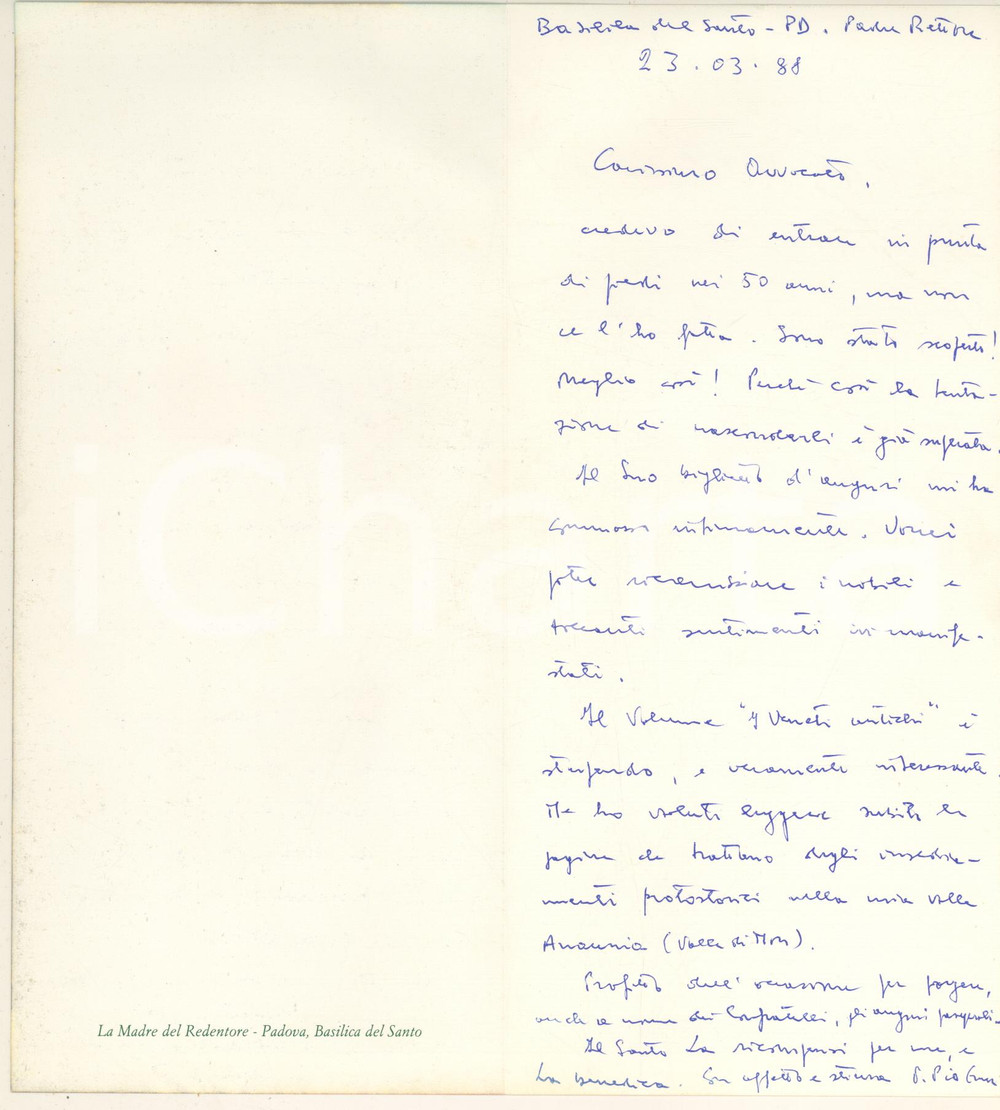 Autografo originale 1988 PADOVA Basilica del Santo  Biglietto padre Pio EMER Autografo 1