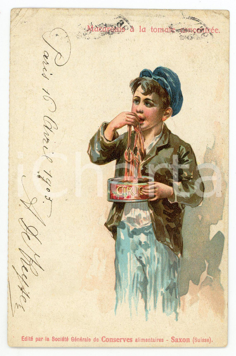 Cartolina originale da collezione 1905 FRANCE Macaronis à la tomate concentrée  Carte postale FP VG 1