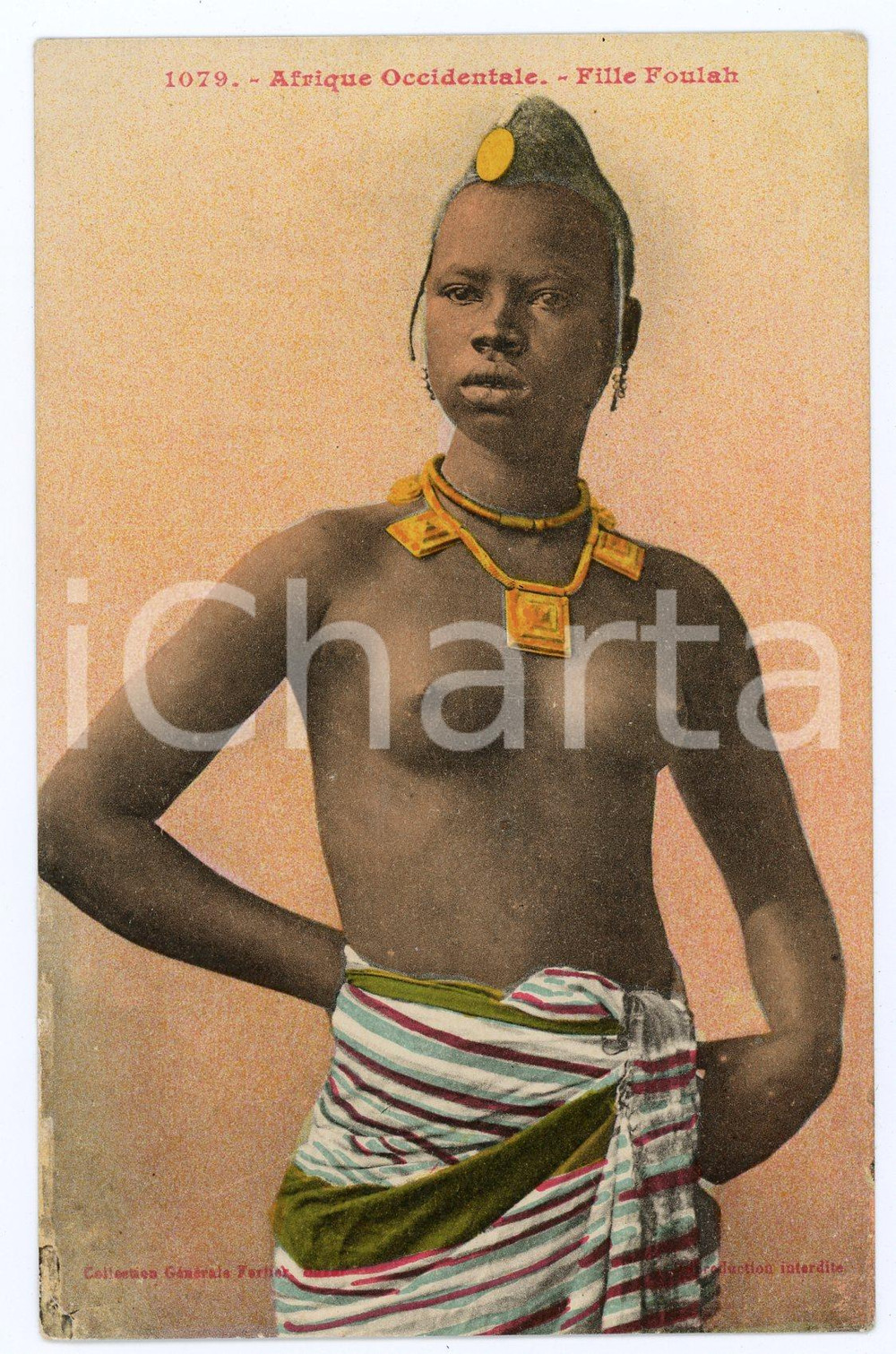 Cartolina originale da collezione 1930 ca AFRIQUE OCCIDENTALE Fille Foulah NU ETHNIQUE Carte postale FP NV 1