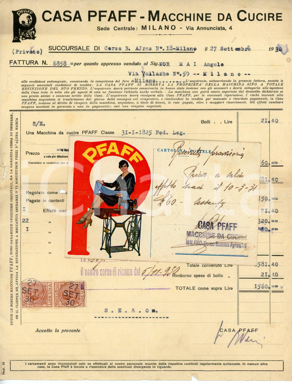 Documento originale, autentico 1930 MILANO Corso Buenos Aires 18 Macchine a cucire PFAFF Fattura e cartolina 1