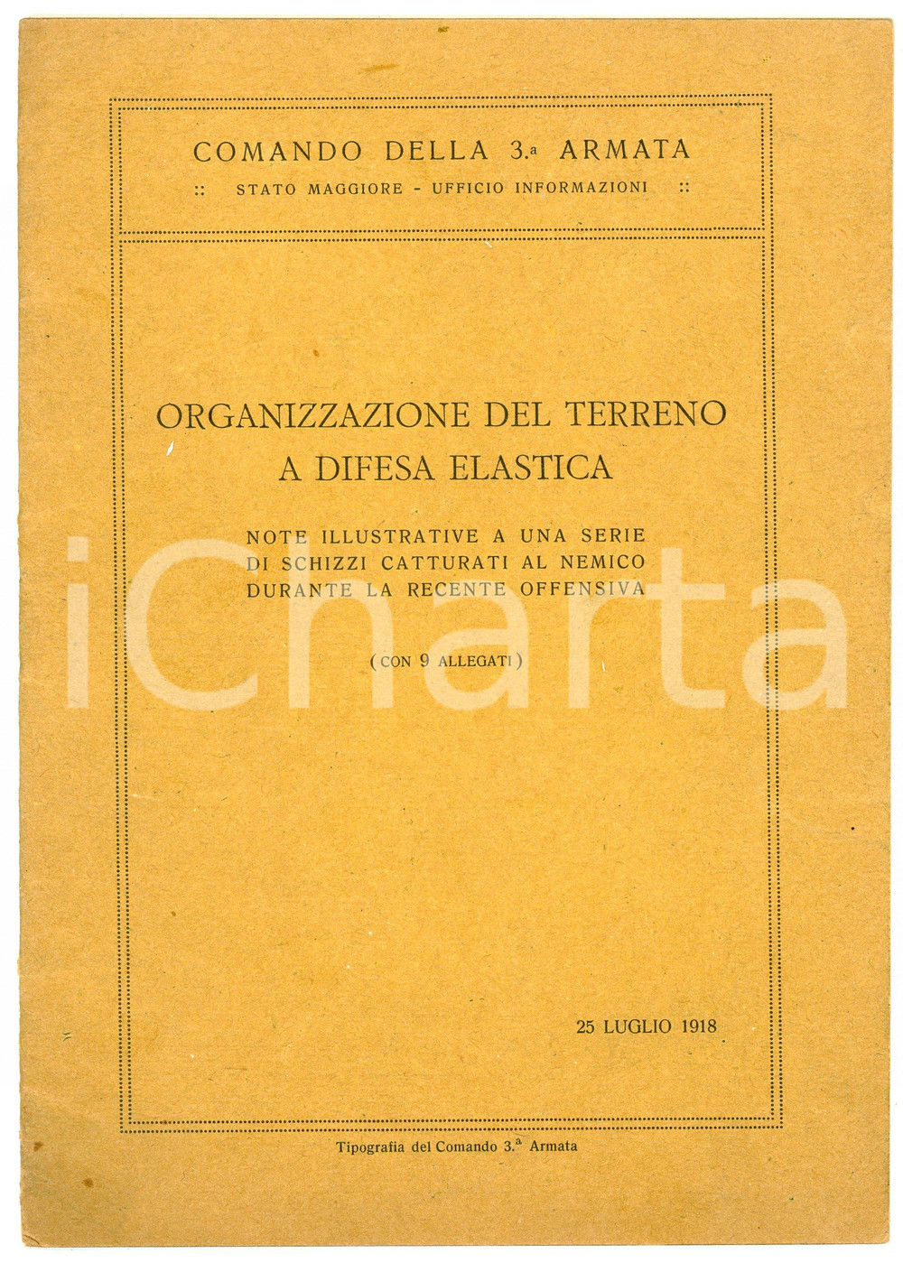 Libro, pubblicazione d epoca 1918 STATO MAGGIORE Comando 3 armata  Terreno a difesa elastica Pubblicazione 1