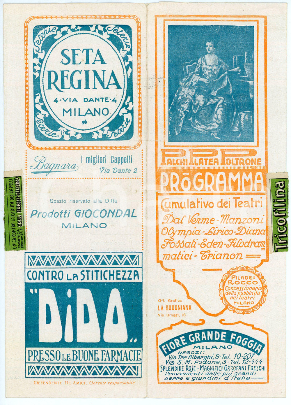 Autografo originale 1923 MILANO Programma cumulativo dei teatri  Pieghevole 9x25 cm 1