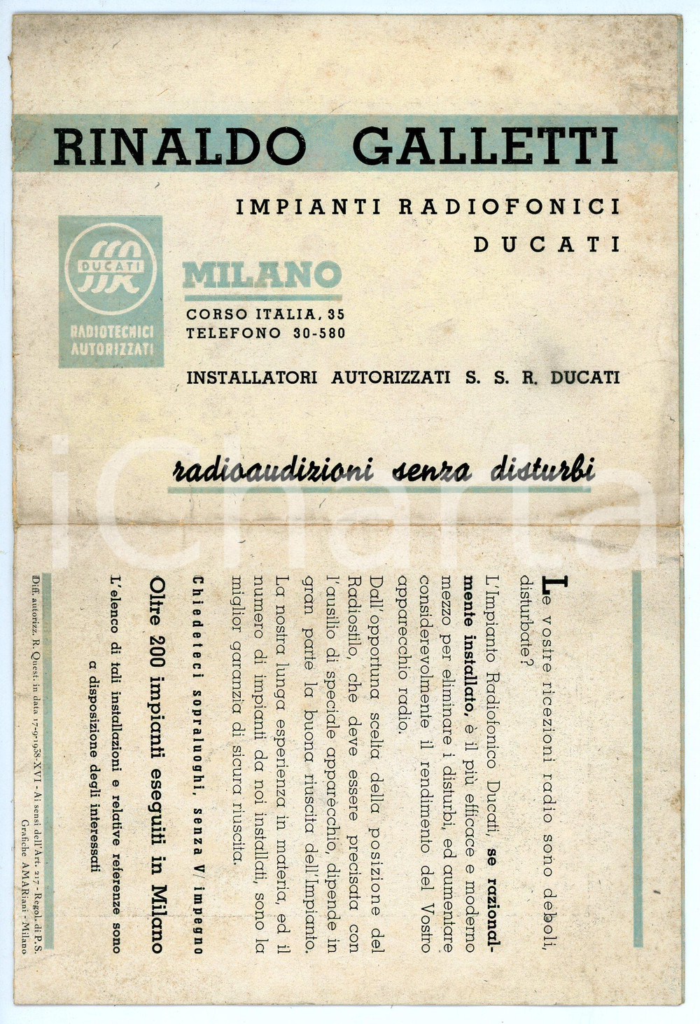 Materiale pubblicitario d’epoca 1938 MILANO Rinaldo GALLETTI Impianti radiofonici DUCATI Pieghevole illustrato 1