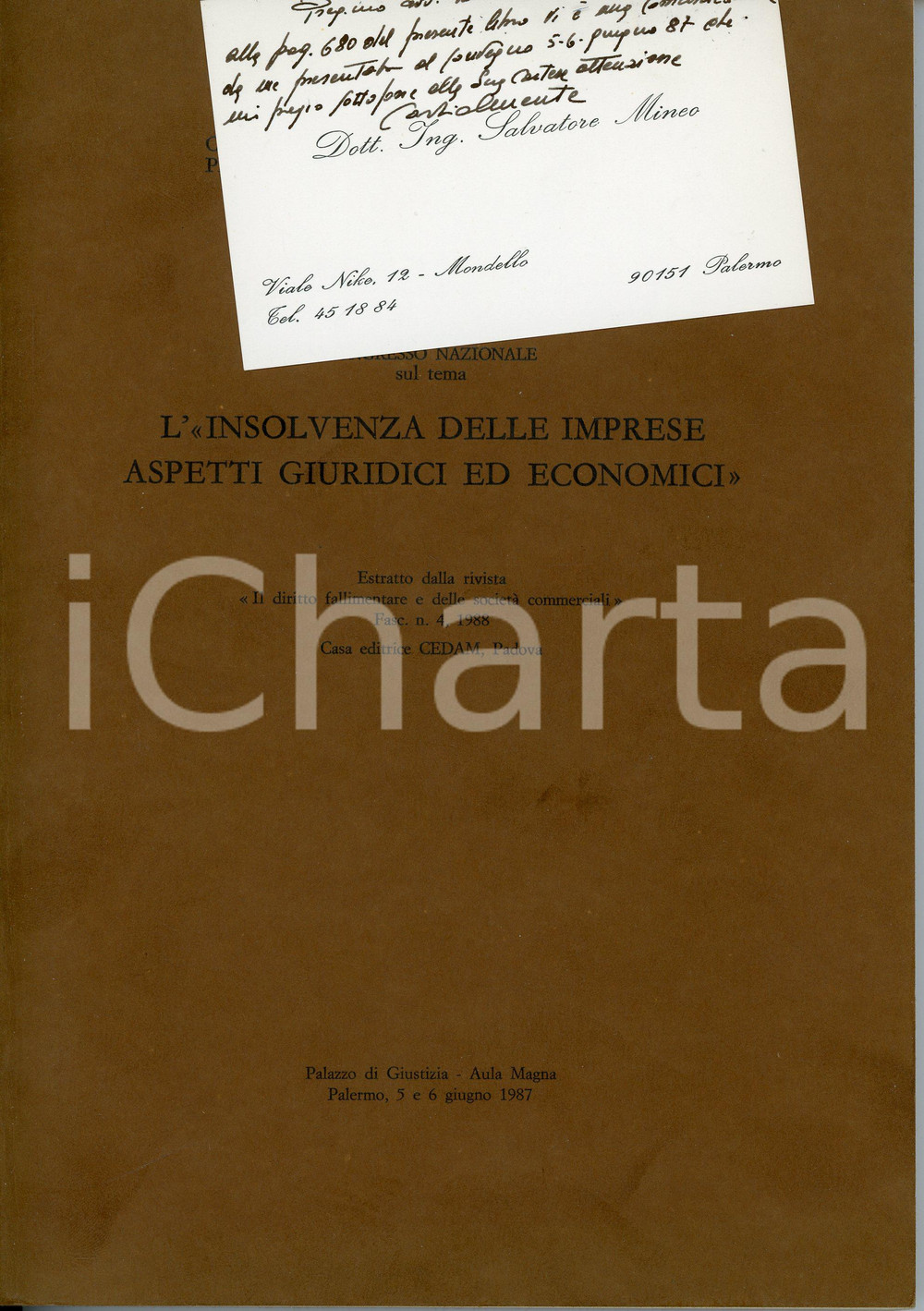 Libro, pubblicazione d epoca 1988 PALERMO Insolvenza delle imprese  Salvatore MINEO Invio autografo 1