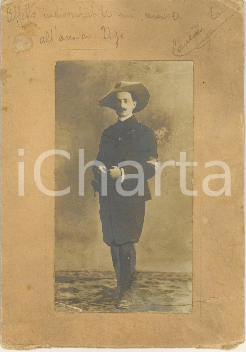 Fotografia d epoca originale 1910 ca Ritratto maschile in divisa Foto CURIOSA con dedica 14x20 cm 1