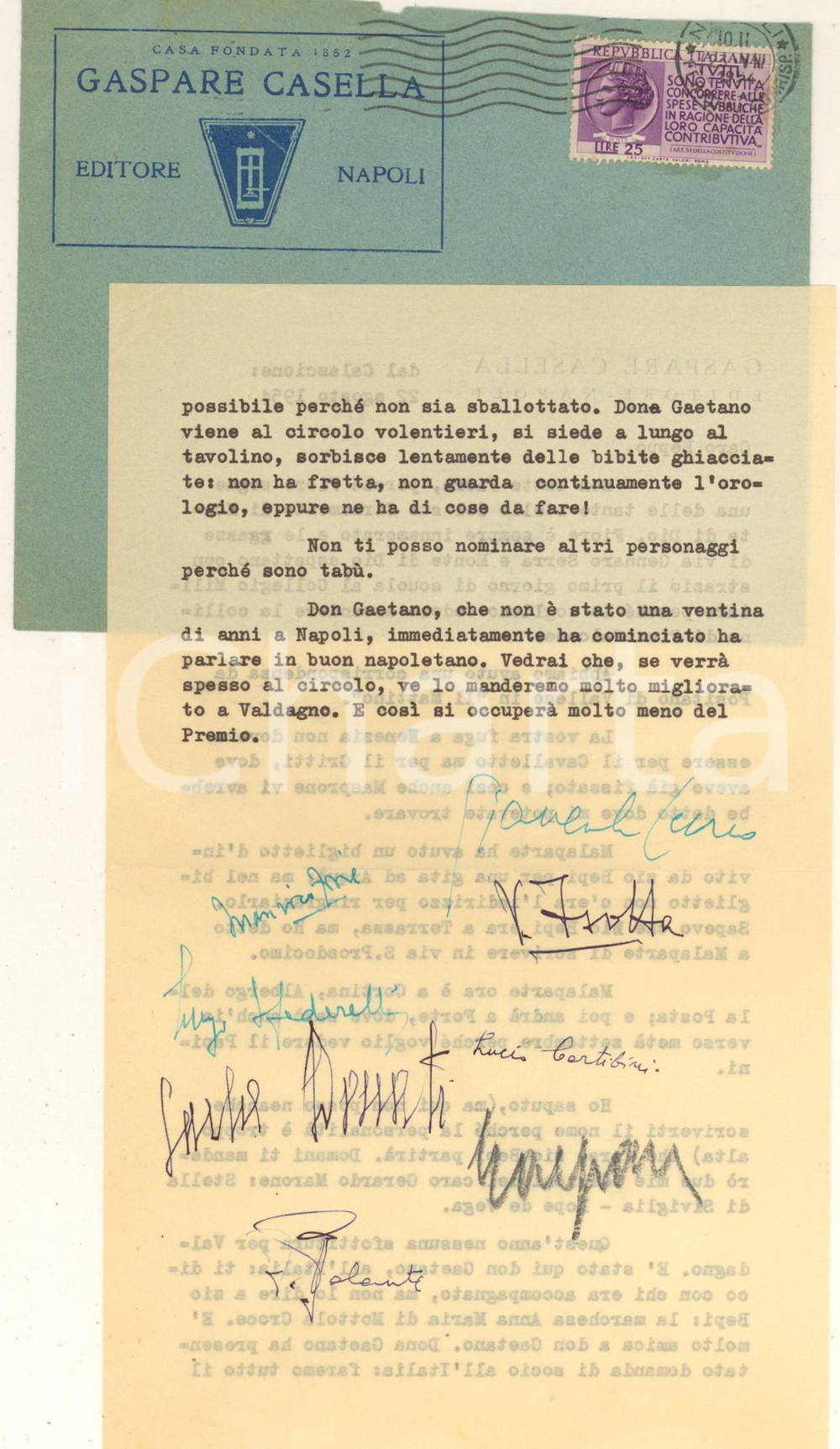 Autografo originale 1954 NAPOLI Lettera libraio Gaspare CASELLA Autografi FIORE VALENTI CESAREO 1