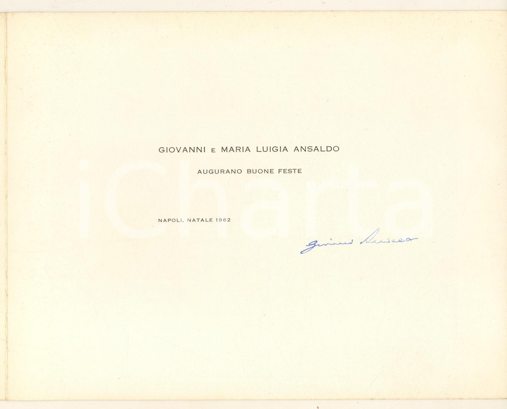 Autografo originale 1962 NAPOLI Giovanni ANSALDO giornalista  Biglietto di auguri AUTOGRAFO 1