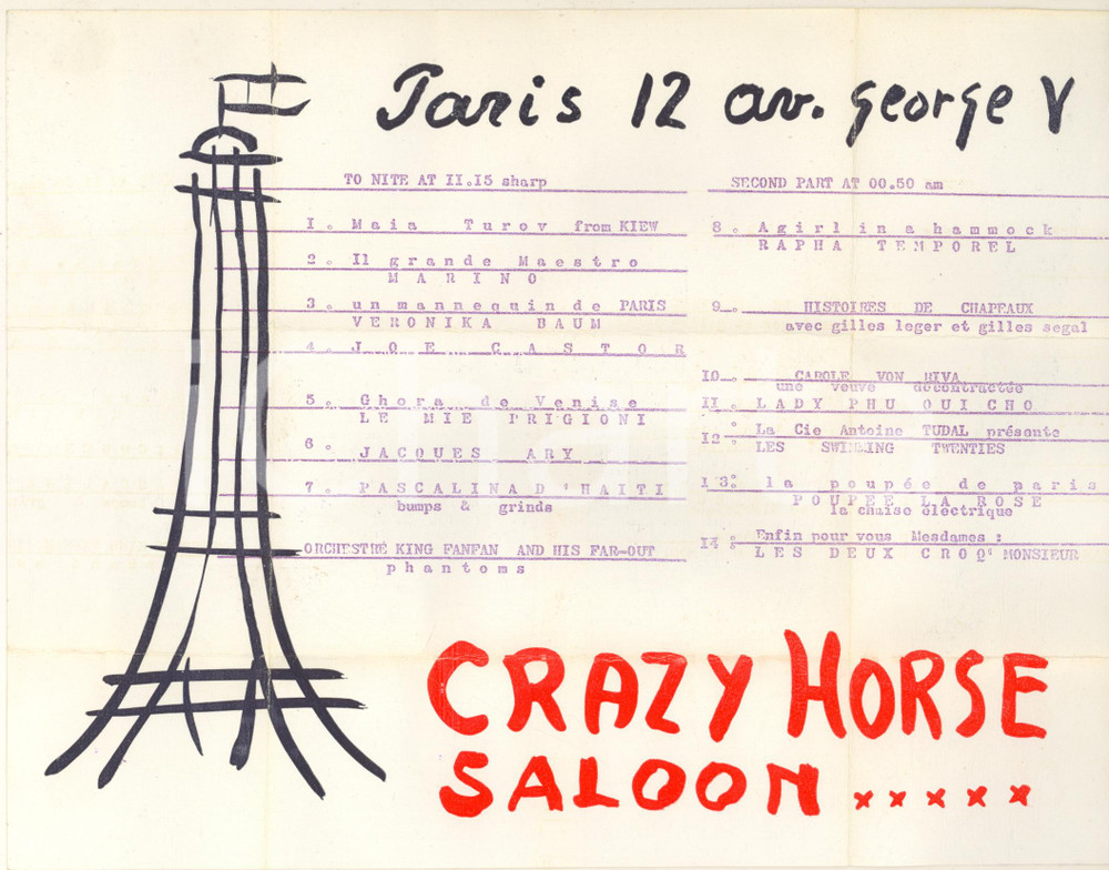 Autografo originale 1962 PARIS  CRAZY HORSE Biglietto 1