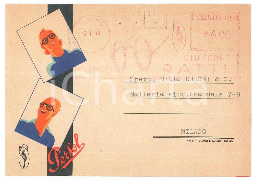 Cartolina originale da collezione 1947 TORINO Industria italiana occhiali Giuseppe RATTI Cartolina PERSOL 1