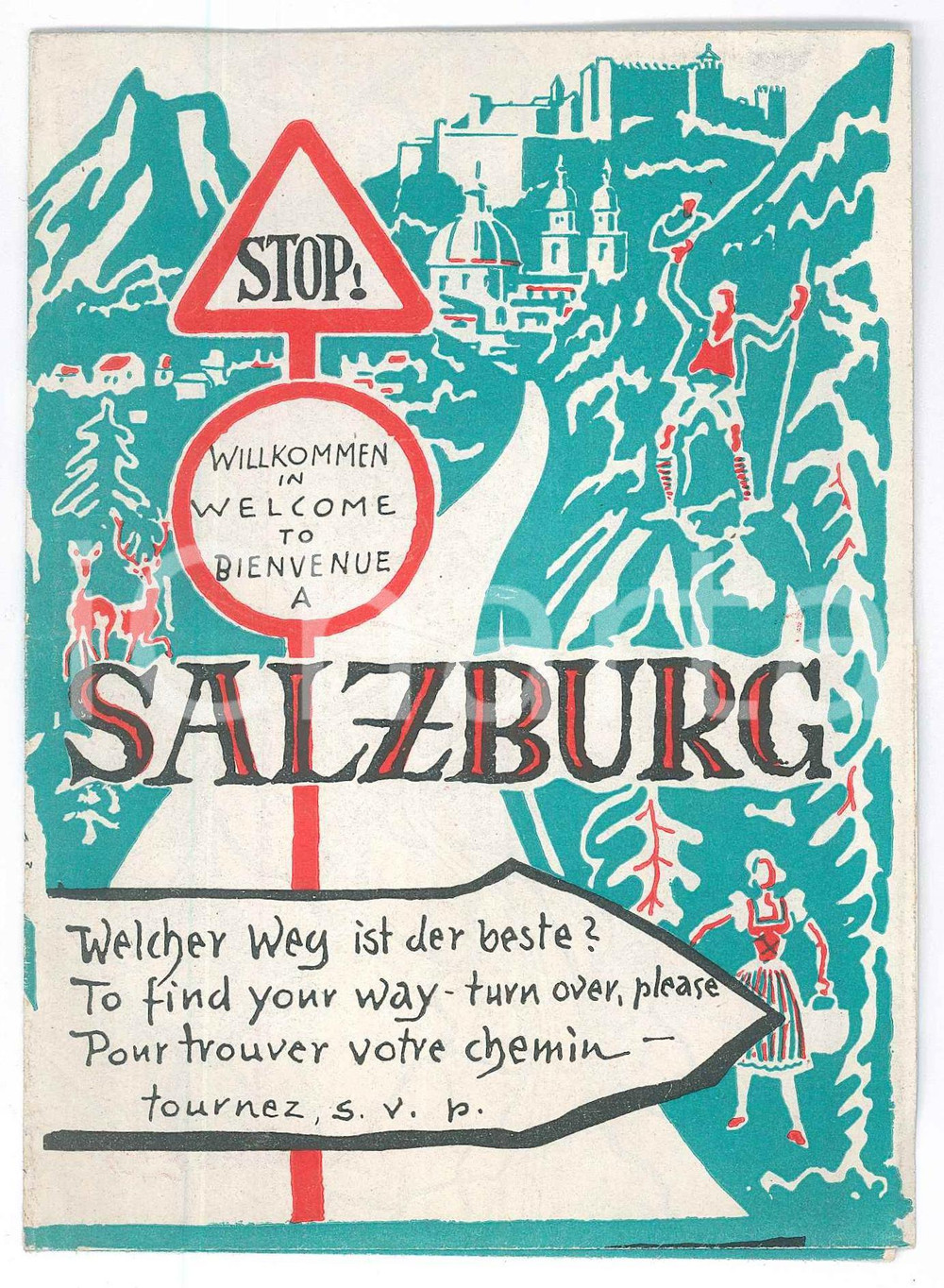 Materiale pubblicitario d’epoca 1950 ca SALZBURG  AUSTRIA Pieghevole illustrato con mappa 11x15 cm 1