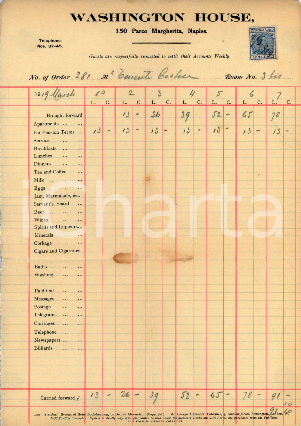 Documento originale, autentico 1919 NAPOLI Parco Margherita 15 Hotel WASHINGTON HOUSE Albergo  Fattura 1