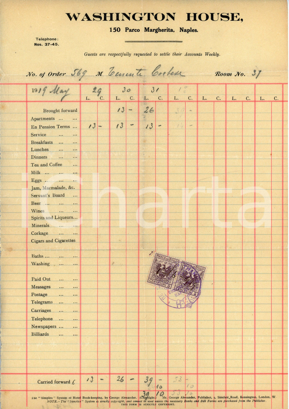 Documento originale, autentico 1919 NAPOLI Parco Margherita 15 Hotel WASHINGTON HOUSE Albergo  Fattura 1 1