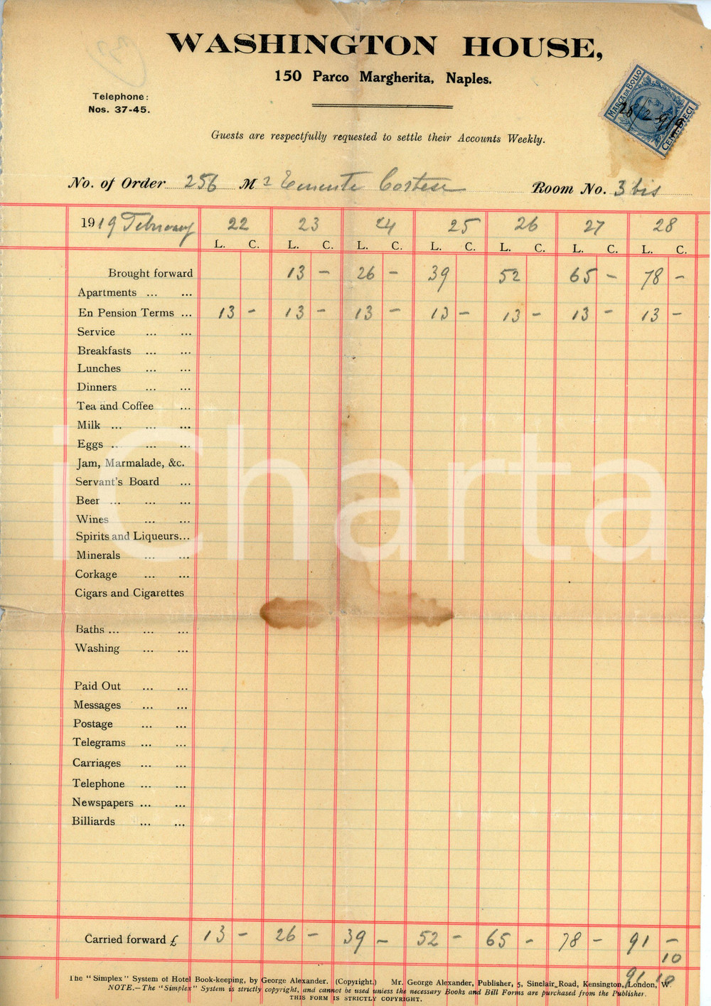 Documento originale, autentico 1919 NAPOLI Parco Margherita 15 Hotel WASHINGTON HOUSE Albergo  Fattura 2 1