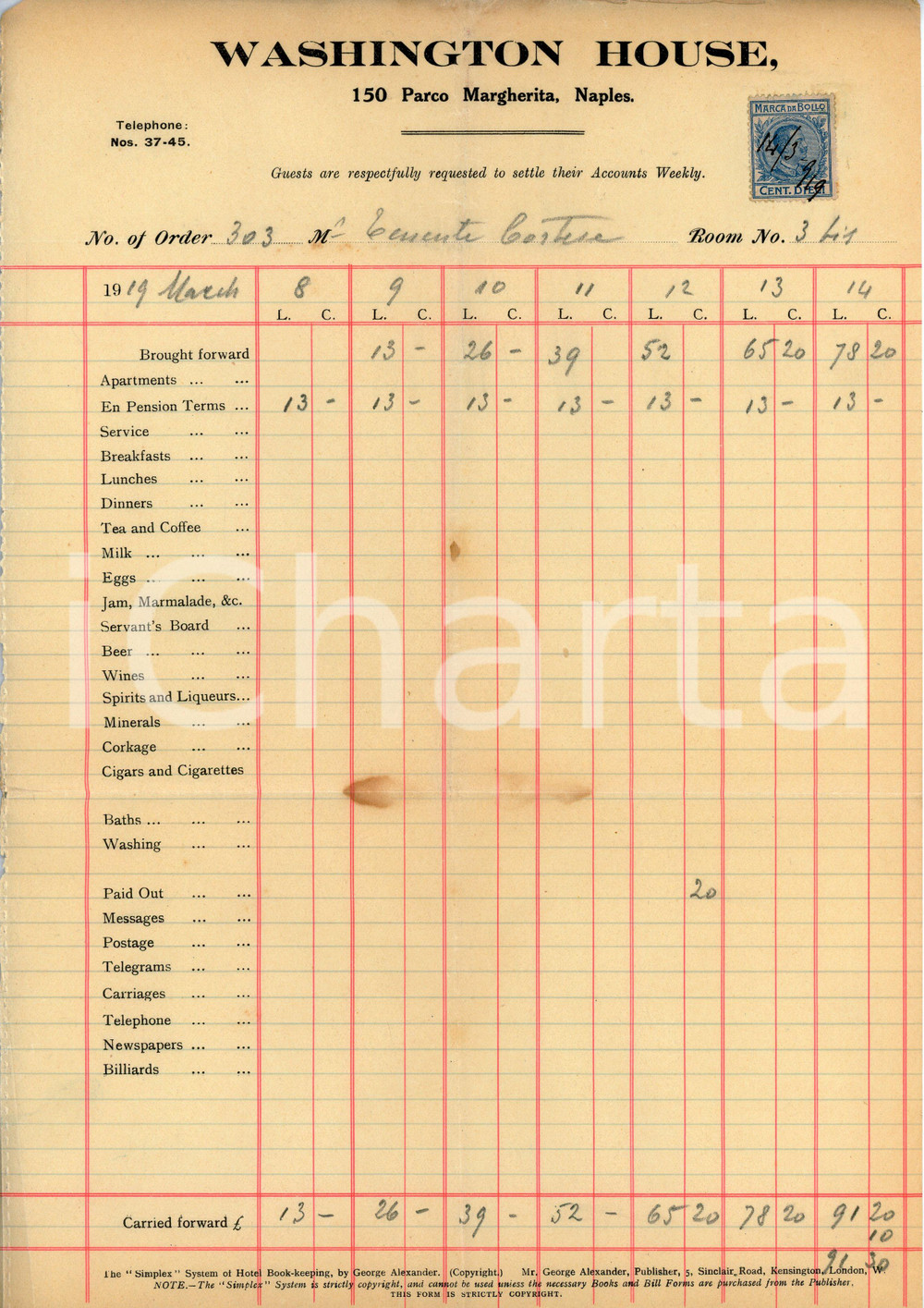Documento originale, autentico 1919 NAPOLI Parco Margherita 15 Hotel WASHINGTON HOUSE Albergo  Fattura 3 1