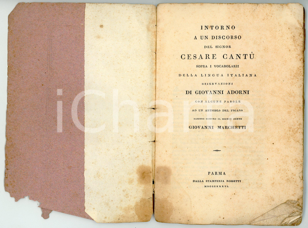 Libro, pubblicazione d epoca 1836 Giovanni ADORNI Discorso di Cesare Cantù sui vocabolari di lingua italiana 1