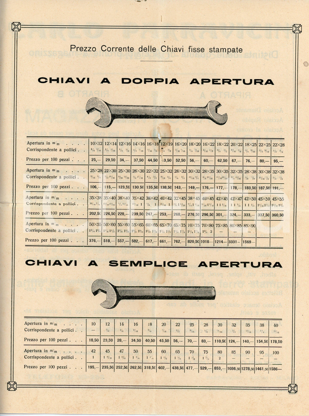 Materiale pubblicitario d’epoca 1952 MILANO Acciai e attrezzi Carlo PARRAVICINI Listini con busta 22x29 cm 1