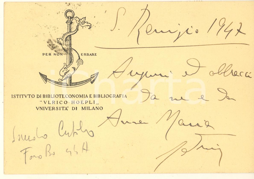 Autografo originale 1947 MILANO Alessandro CUTOLO  Istituto Biblioteconomia HOEPLI AUTOGRAFO 1