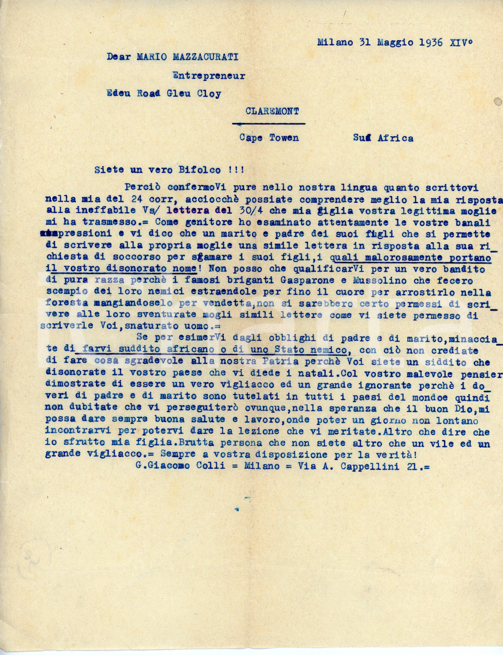 Documento originale, autentico 1936 MILANO Giacomo COLLI al pilota Mario MAZZACURATI Bozza di lettera 1
