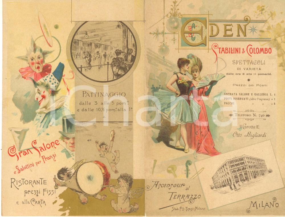 Materiale pubblicitario d’epoca 1900 ca MILANO Largo CAIROLI  EDEN TEATRO  Programma ILLUSTRATO RARO 1