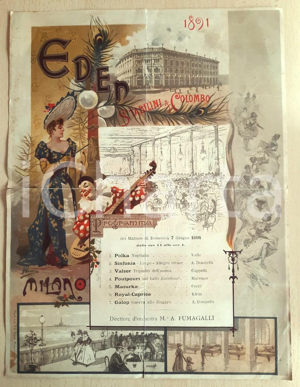 Materiale pubblicitario d’epoca 1891 MILANO Largo CAIROLI  EDEN TEATRO Manifesto programma ILLUSTRATO RARO 1