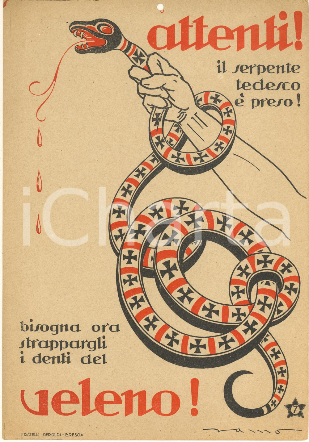Materiale pubblicitario d’epoca 1915 ca WW1 PROPAGANDA Il serpente tedesco Manifesto ill. Luciano RAMO RARO 1