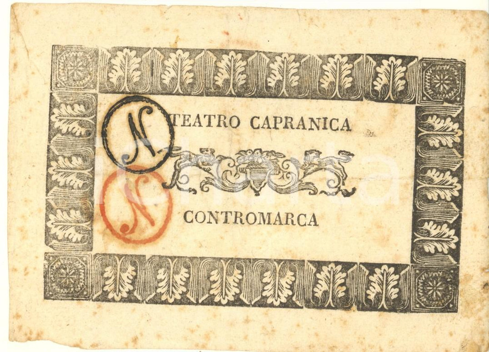 Oggetto da collezione cartaceo 1800 ca ROMA  Teatro CAPRANICA  Biglietto contromarca RARO 1
