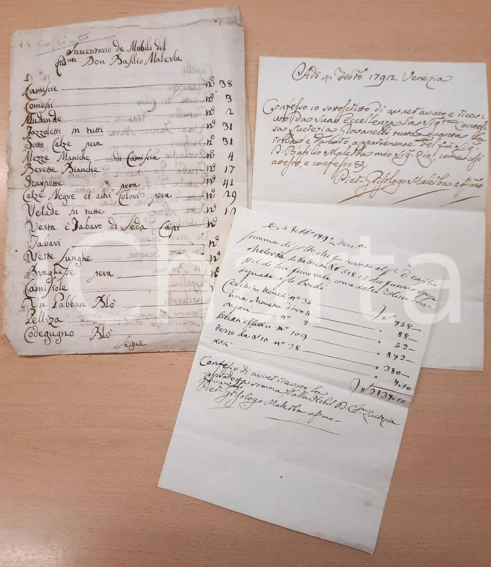 Documento originale, autentico 179192 VENEZIA Inventario abiti eredità don Basilio MALERBA e ricevute nipote 1