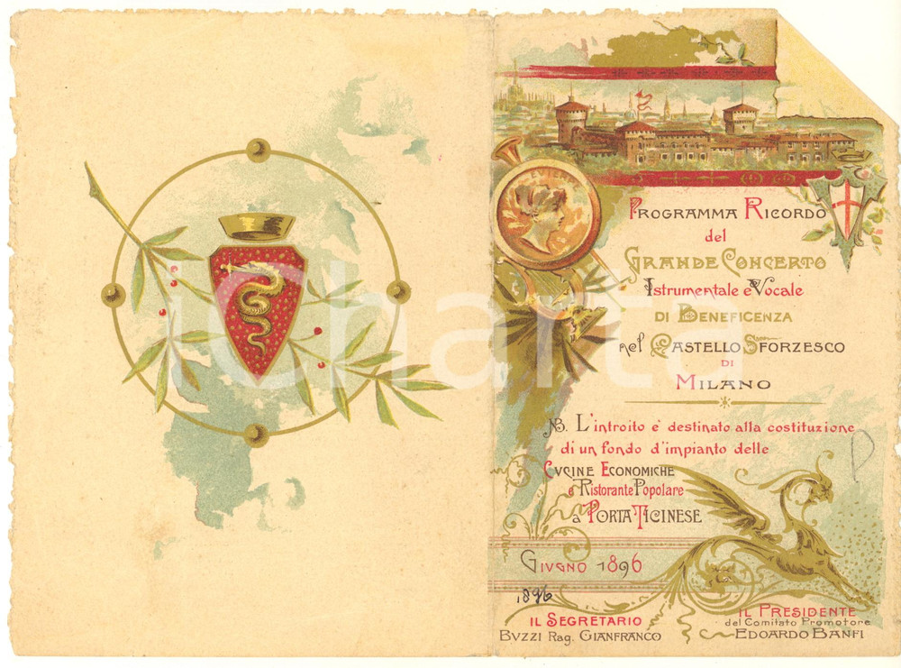 Materiale pubblicitario d’epoca 1896 MILANO Castello Sforzesco  Concerto beneficenza Programma ILLUSTRATO RARO 1