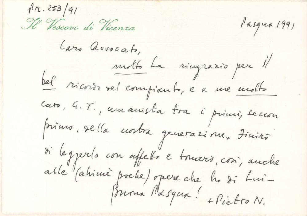Autografo originale 1991 VICENZA Biglietto mons. Pietro NONIS vescovo AUTOGRAFO 1