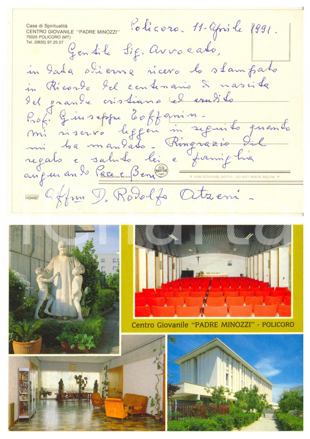 Autografo originale 1991 POLICORO Cartolina don Rodolfo ATZENI  Centro Padre MINOZZI AUTOGRAFO 1