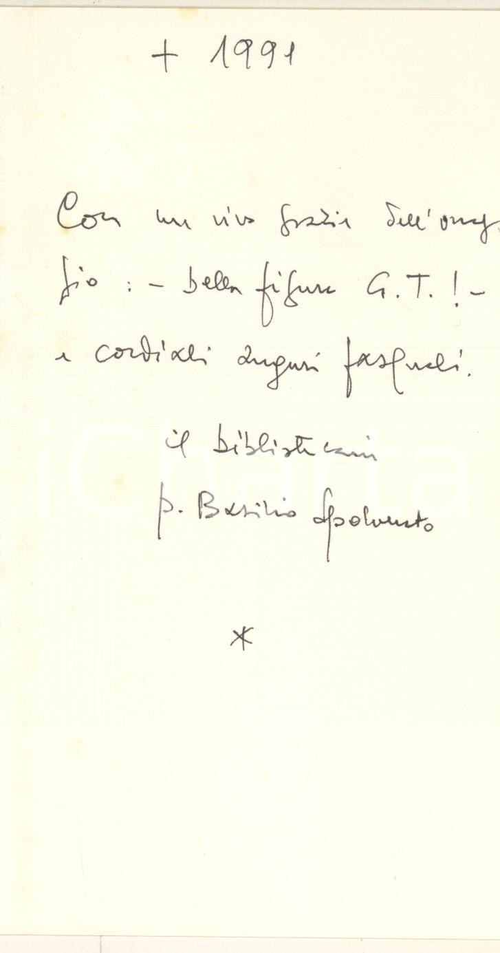 Autografo originale 1991 Abbazia di PRAGLIA Biglietto padre Basilio SPOLVERATO AUTOGRAFO 1