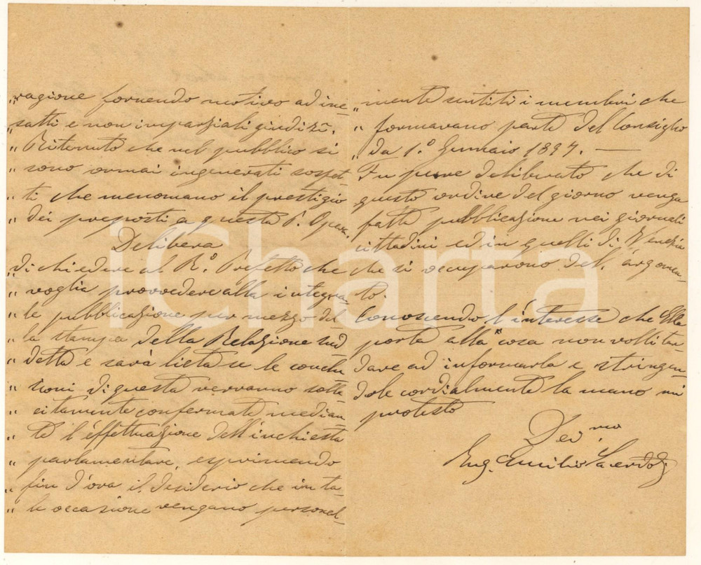 Autografo originale 1897 PADOVA Lettera ing. Emilio SACERDOTI su delibera Istituto Esposti AUTOGRAFO 1