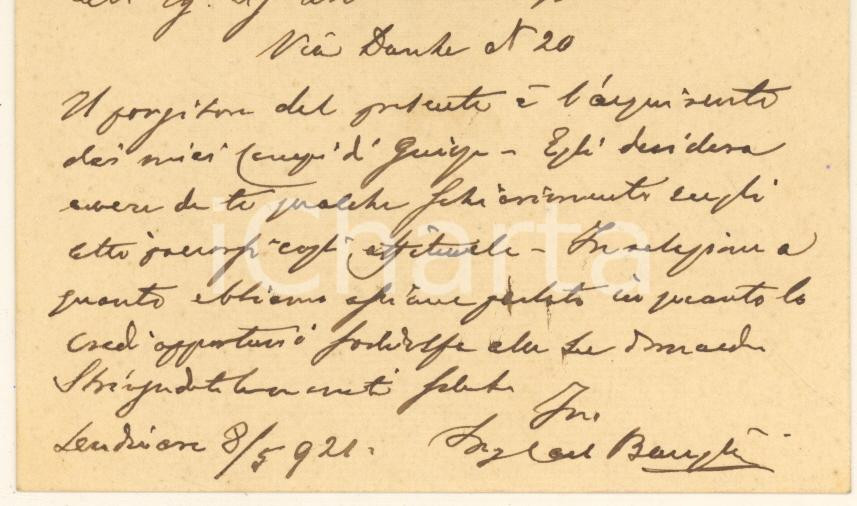 Documento originale, autentico 1921 LENDINARA RO Ing. Carlo BACCAGLINI  Biglietto da visita autografo 1