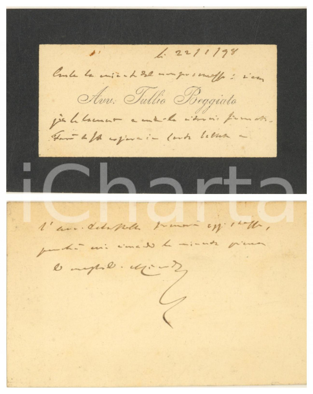 Autografo originale 1898 PADOVA Avv. Tullio BEGGIATO presidente Provincia  Biglietto autografo 1