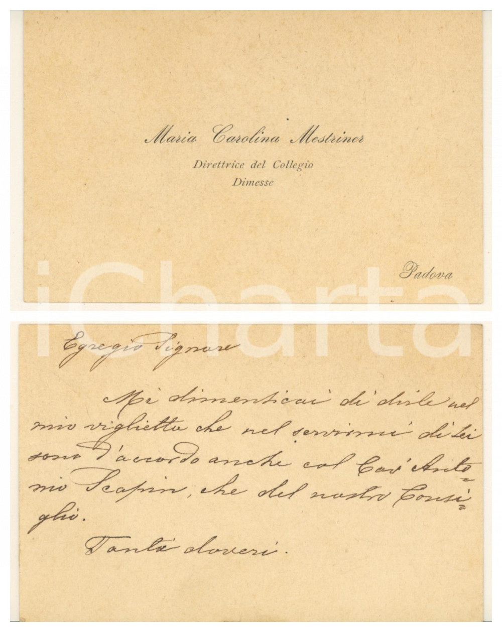 Autografo originale 1920 ca PADOVA Maria Carolina MESTRINER direttrice Collegio Dimesse  Autografo 1